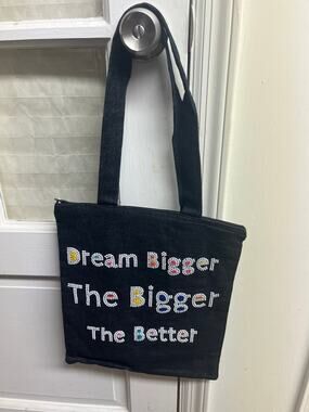 - Dream Bigger - Black Denim Beaded Tote Bag - Zip Closure - NEW - 11.5" 13.5"